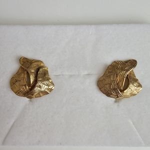 Vintage Signed Castlecliff Textured Gold-Tone Leaf Post Earrings